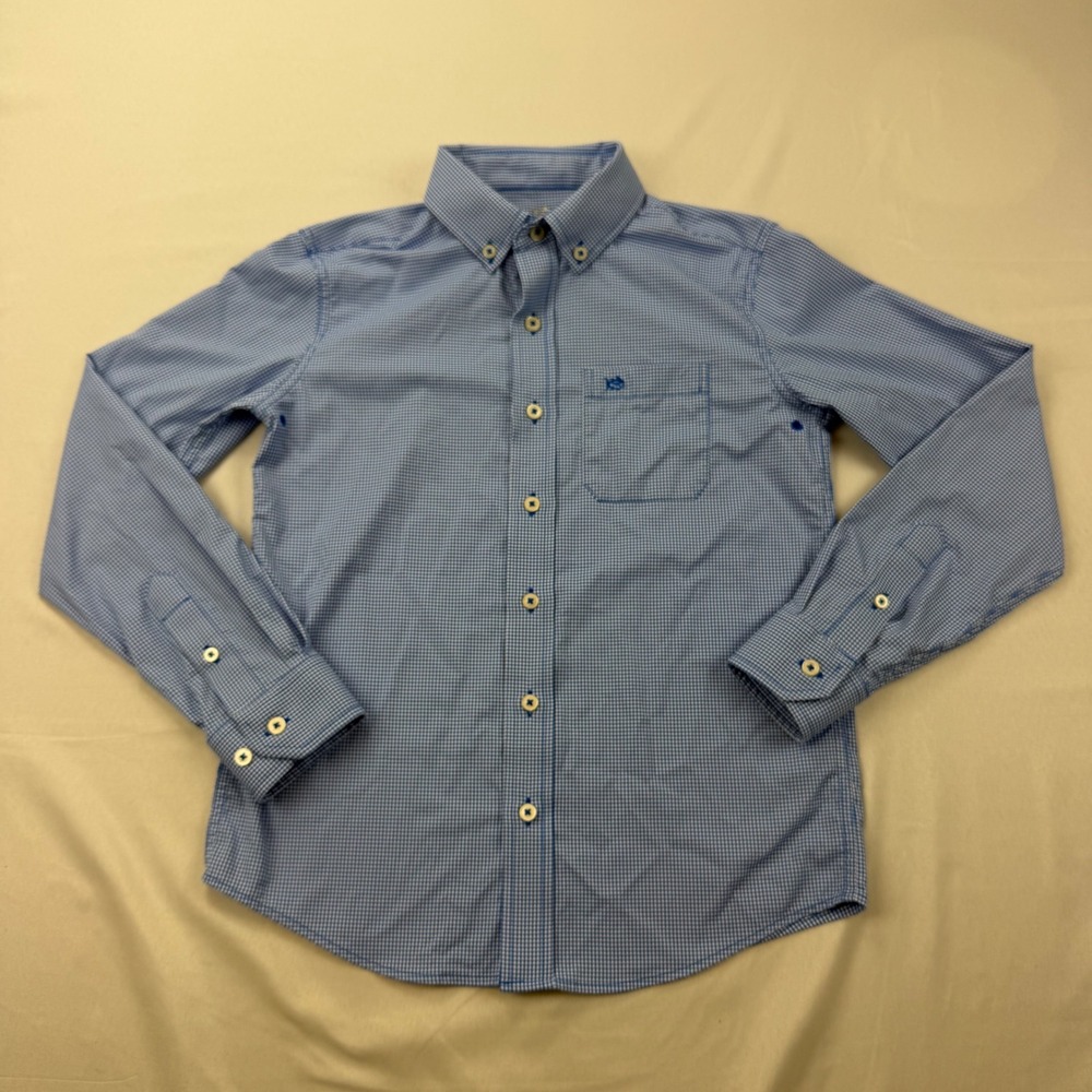 Southern Tide Button Down Kids Size M Blue Gingham Performance Shirt 7847
